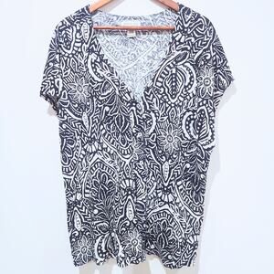 Rachel Zoe Womens Black White Linen Blend Floral Button Up Blouse Size 3X Beach